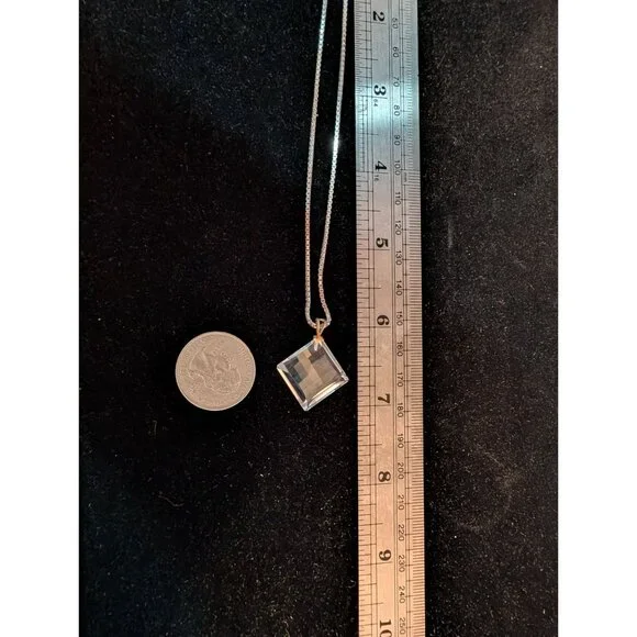 30-Inch Sterling Silver Necklace Square Crystal Pendant Italy 925 10g Elegant - Picture 11 of 15